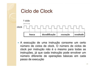 Ciclo de
Ciclo de Clock
Clock
busca decodificação execução resultado
1 ciclo
clock
A execução de uma instrução consome um certo
número de ciclos de clock. O número de ciclos de
clock por instrução não é o mesmo para todas as
instruções, já que cada instrução pode envolver um
número diferente de operações básicas em cada
passo de execução
busca decodificação execução resultado
26
 