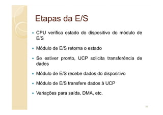 Etapas da E/S
Etapas da E/S
CPU verifica estado do dispositivo do módulo de
E/S
Módulo de E/S retorna o estado
Se estiver pronto, UCP solicita transferência de
Se estiver pronto, UCP solicita transferência de
dados
Módulo de E/S recebe dados do dispositivo
Módulo de E/S transfere dados à UCP
Variações para saída, DMA, etc.
39
 