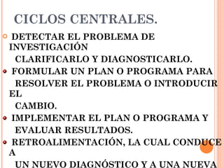 CICLOS CENTRALES. DETECTAR EL PROBLEMA DE INVESTIGACIÓN CLARIFICARLO Y DIAGNOSTICARLO. FORMULAR UN PLAN O PROGRAMA PARA  RESOLVER EL PROBLEMA O INTRODUCIR EL CAMBIO. IMPLEMENTAR EL PLAN O PROGRAMA Y EVALUAR RESULTADOS. RETROALIMENTACIÓN, LA CUAL CONDUCE A  UN NUEVO DIAGNÓSTICO Y A UNA NUEVA ESPIRAL DE REFLEXIÓN Y ACCIÓN. 