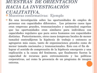MUESTRAS  DE ORIENTACIÓN HACIA LA INVESTIGACIÓN CUALITATIVA. Muestras confirmativas:  Ejemplo En una investigación sobre las oportunidades de empleo de personas con capacidades diferentes.  Los primeros casos (que eran empresas grandes, transnacionales y nacionales) sugerían que las oportunidades eran similares para individuos con capacidades regulares que para seres humanos con capacidades distintas.  Posteriormente, otros casos (empresas locales de menor tamaño) contradijeron la hipótesis de trabajo y entonces se agregaron más casos, tanto de organizaciones grandes como de menor tamaño nacionales y transnacionales. Esto con el fin de  lograr el sentido de comprensión de la hipótesis emergente y una explicación a la causa del fenómeno, que finalmente fueron la capacidad de recursos para entrenamiento y las políticas corporativas, así como la presencia de un programa de imagen externa. 