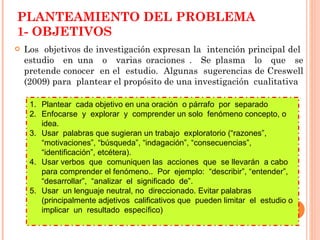 PLANTEAMIENTO DEL PROBLEMA 1- OBJETIVOS Los  objetivos de investigación expresan la  intención principal del  estudio  en una  o  varias oraciones .  Se plasma  lo  que  se pretende conocer  en el  estudio.  Algunas  sugerencias de Creswell (2009) para  plantear el propósito de una investigación  cualitativa Plantear  cada objetivo en una oración  o párrafo  por  separado Enfocarse  y  explorar  y  comprender un solo  fenómeno concepto, o idea. Usar  palabras que sugieran un trabajo  exploratorio (“razones”, “motivaciones”, “búsqueda”, “indagación”, “consecuencias”,  “identificación”, etcétera). Usar verbos  que  comuniquen las  acciones  que  se llevarán  a cabo para comprender el fenómeno..  Por  ejemplo:  “describir”, “entender”, “desarrollar”,  “analizar  el  significado  de”. Usar  un lenguaje neutral, no  direccionado. Evitar palabras (principalmente adjetivos  calificativos que  pueden limitar  el  estudio o  implicar  un  resultado  específico) 