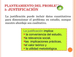 PLANTEAMIENTO DEL PROBLEMA 3-  JUSTIFICACIÓN La justificación puede incluir datos cuantitativos para dimensionar el problema en estudio, aunque nuestro abordaje sea cualitativo. La justificación  implica: la conveniencia del estudio,  la relevancia social,  las  implicaciones prácticas,  el valor teórico y la utilidad metodológica. 