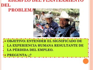 EJEMPLO DEL PLANTEAMIENTO DEL    PROBLEMA. OBJETIVO: ENTENDER EL SIGNIFICADO DE LA EXPERIENCIA HUMANA RESULTANTE DE LA PÉRDIDA DEL EMPLEO. PREGUNTA: ¿? 