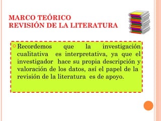 MARCO TEÓRICO  REVISIÓN DE LA LITERATURA Recordemos que la investigación cualitativa  es interpretativa, ya que el investigador  hace su propia descripción y valoración de los datos, así el papel de la  revisión de la literatura  es de apoyo. 