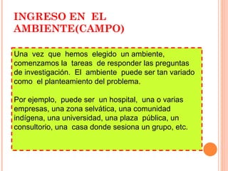 INGRESO EN  EL  AMBIENTE(CAMPO) Una  vez  que  hemos  elegido  un ambiente, comenzamos la  tareas  de responder las preguntas  de investigación.  El  ambiente  puede ser tan variado  como  el planteamiento del problema.  Por ejemplo,  puede ser  un hospital,  una o varias empresas, una zona selvática, una comunidad  indígena, una universidad, una plaza  pública, un consultorio, una  casa donde sesiona un grupo, etc. 