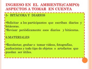 INGRESO EN  EL  AMBIENTE(CAMPO) ASPECTOS A TOMAR  EN CUENTA 5-  BITÁCORA Y  DIARIOS Solicitar  a los participantes  que  escriban  diarios  y  bitácoras. Revisar  periódicamente  esos  diarios  y bitácoras. MATERIALES Recolectar, grabar o  tomar videos, fotografías, audiocintas y todo tipo de objetos  o  artefactos  que  puedan  ser útiles. 
