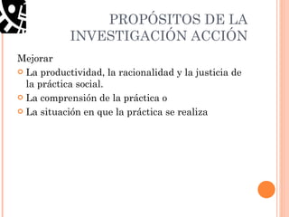 PROPÓSITOS DE LA INVESTIGACIÓN ACCIÓN Mejorar  La productividad, la racionalidad y la justicia de la práctica social. La comprensión de la práctica o La situación en que la práctica se realiza 
