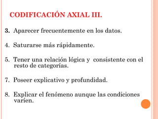 CODIFICACIÓN AXIAL III. 3.  Aparecer frecuentemente en los datos. 4.  Saturarse más rápidamente. 5.  Tener una relación lógica y  consistente con el resto de categorías. 7.  Poseer explicativo y profundidad. 8.  Explicar el fenómeno aunque las condiciones varíen. 