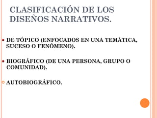 CLASIFICACIÓN DE LOS DISEÑOS NARRATIVOS. DE TÓPICO (ENFOCADOS EN UNA TEMÁTICA, SUCESO O FENÓMENO). BIOGRÁFICO (DE UNA PERSONA, GRUPO O COMUNIDAD). AUTOBIOGRÁFICO.   