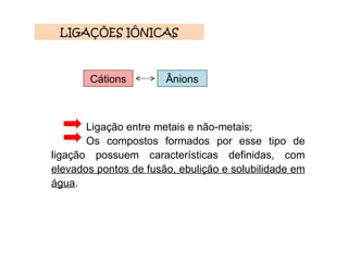 LIGAÇÕES IÔNICAS Cátions Ânions Ligação entre metais e não-metais; Os compostos formados por esse tipo de ligação possuem características definidas, com  elevados pontos de fusão, ebulição e solubilidade em água . 