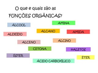 O que e quais são as FUNÇÕES ORGÂNICAS? ÁLCOOL ALCENO ALCANO ALCINO CETONA ÉTER ÉSTER ÁCIDO CARBOXÍLICO AMIDA AMINA HALETOS ALDEÍDO 