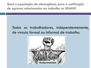 Qual a população de abrangência para a notificação
de agravos relacionados ao trabalho no SINAN?
Todos os trabalhadores, independentemente,
de vínculo formal ou informal de trabalho.
TRABALHADORES
 