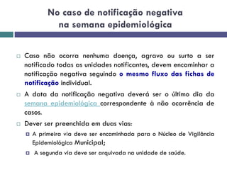 No caso de notificação negativa
na semana epidemiológica
 Caso não ocorra nenhuma doença, agravo ou surto a ser
notificado todas as unidades notificantes, devem encaminhar a
notificação negativa seguindo o mesmo fluxo das fichas de
notificação individual.
 A data da notificação negativa deverá ser o último dia da
semana epidemiológica correspondente à não ocorrência de
casos.
 Dever ser preenchida em duas vias:
 A primeira via deve ser encaminhada para o Núcleo de Vigilância
Epidemiológica Municipal;
 A segunda via deve ser arquivada na unidade de saúde.
 