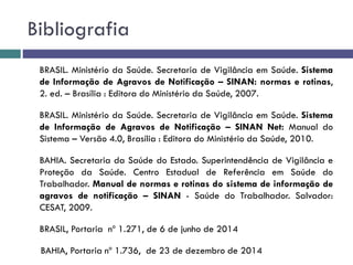 Bibliografia
BRASIL. Ministério da Saúde. Secretaria de Vigilância em Saúde. Sistema
de Informação de Agravos de Notificação – SINAN: normas e rotinas,
2. ed. – Brasília : Editora do Ministério da Saúde, 2007.
BRASIL. Ministério da Saúde. Secretaria de Vigilância em Saúde. Sistema
de Informação de Agravos de Notificação – SINAN Net: Manual do
Sistema – Versão 4.0, Brasília : Editora do Ministério da Saúde, 2010.
BAHIA. Secretaria da Saúde do Estado. Superintendência de Vigilância e
Proteção da Saúde. Centro Estadual de Referência em Saúde do
Trabalhador. Manual de normas e rotinas do sistema de informação de
agravos de notificação – SINAN - Saúde do Trabalhador. Salvador:
CESAT, 2009.
BRASIL, Portaria nº 1.271, de 6 de junho de 2014
BAHIA, Portaria nº 1.736, de 23 de dezembro de 2014
 