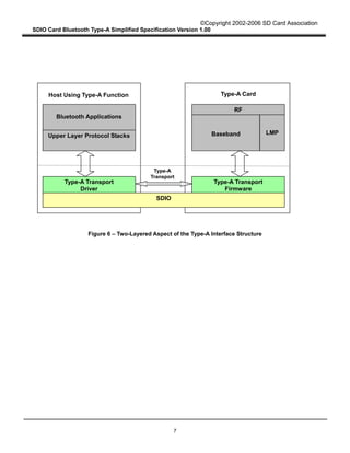 ©Copyright 2002-2006 SD Card Association
SDIO Card Bluetooth Type-A Simplified Specification Version 1.00
7
Figure 6 – Two-Layered Aspect of the Type-A Interface Structure
Type-A Transport
Firmware
Baseband
Bluetooth Applications
Upper Layer Protocol Stacks LMP
Host Using Type-A Function Type-A Card
Type-A Transport
Driver
SDIO
Type-A
Transport
RF
 