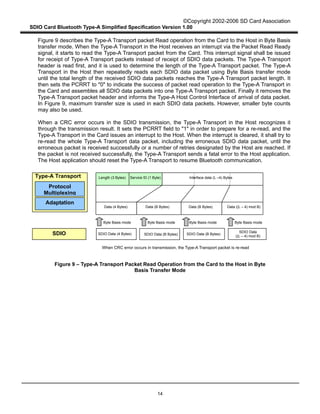 ©Copyright 2002-2006 SD Card Association
SDIO Card Bluetooth Type-A Simplified Specification Version 1.00
14
Figure 9 describes the Type-A Transport packet Read operation from the Card to the Host in Byte Basis
transfer mode. When the Type-A Transport in the Host receives an interrupt via the Packet Read Ready
signal, it starts to read the Type-A Transport packet from the Card. This interrupt signal shall be issued
for receipt of Type-A Transport packets instead of receipt of SDIO data packets. The Type-A Transport
header is read first, and it is used to determine the length of the Type-A Transport packet. The Type-A
Transport in the Host then repeatedly reads each SDIO data packet using Byte Basis transfer mode
until the total length of the received SDIO data packets reaches the Type-A Transport packet length. It
then sets the PCRRT to "0" to indicate the success of packet read operation to the Type-A Transport in
the Card and assembles all SDIO data packets into one Type-A Transport packet. Finally it removes the
Type-A Transport packet header and informs the Type-A Host Control Interface of arrival of data packet.
In Figure 9, maximum transfer size is used in each SDIO data packets. However, smaller byte counts
may also be used.
When a CRC error occurs in the SDIO transmission, the Type-A Transport in the Host recognizes it
through the transmission result. It sets the PCRRT field to "1" in order to prepare for a re-read, and the
Type-A Transport in the Card issues an interrupt to the Host. When the interrupt is cleared, it shall try to
re-read the whole Type-A Transport data packet, including the erroneous SDIO data packet, until the
erroneous packet is received successfully or a number of retries designated by the Host are reached. If
the packet is not received successfully, the Type-A Transport sends a fatal error to the Host application.
The Host application should reset the Type-A Transport to resume Bluetooth communication.
Figure 9 – Type-A Transport Packet Read Operation from the Card to the Host in Byte
Basis Transfer Mode
Length (3 Bytes) Service ID (1 Byte)
Data (4 Bytes)
SDIO
Protocol
Multiplexing
Adaptation
Type-A Transport
SDIO Data (4 Bytes) SDIO Data (B Bytes) SDIO Data (B Bytes)
SDIO Data
((L – 4) mod B)
Byte Basis mode Byte Basis mode Byte Basis mode Byte Basis mode
When CRC error occurs in transmission, the Type-A Transport packet is re-read
Interface data (L –4) Bytes
Data (B Bytes) Data (B Bytes) Data ((L – 4) mod B)
 