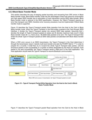 ©Copyright 2002-2006 SD Card Association
SDIO Card Bluetooth Type-A Simplified Specification Version 1.00
15
4.3.3 Block Basis Transfer Mode
This section describes the way of keeping packet boundary and recovering from CRC errors in Block
Basis transfer mode. Block Basis transfer mode has the advantages of less host resource consumption
and high speed SDIO transfer due to elimination of host intervention during SDIO data transfer. Block
Basis transfer mode is optional in the SDIO specification. However, the Type-A Transport requires an
error free transport over SDIO, therefore error recovery procedure must be implemented if Block Basis
transfer mode is supported.
Figure 10 describes the Type-A Transport packet Write operation from the Host to the Card in Block
Basis transfer mode. When the Type-A Transport in the Host writes a packet to the Card through SDIO
Interface, it divides the Type-A Transport packet into several SDIO data packets. Assuming that L
denotes the length of Type-A transport packet (in bytes) and B denotes maximum byte count in Byte
Basis transfer mode (B < L), there are [L / B] SDIO data packets to be sent. The Type-A Transport then
writes the whole Type-A Transport packet as SDIO data packets concatenated with Block Basis transfer
mode.
When a CRC error occurs in an SDIO transmission, the Type-A Transport in the Host determines it
through the transmission result. It aborts multi bock transfer and sets the PCWRT field to "1" in order to
prepare for a re-write. It shall then try to re-send the whole Type-A Transport data packet, until the
erroneous packet is sent successfully or a number of retries designated by the Host are reached. If the
packet is not sent successfully, the Type-A Transport sends a fatal error to the Host application. The
Host application should reset the Type-A Transport to resume Bluetooth communication.
Figure 10 – Type-A Transport Packet Write Operation from the Host to the Card in Block
Basis Transfer Mode
Figure 11 describes the Type-A Transport packet Read operation from the Card to the Host in Block
Length (3 Bytes) Interface data (L-4 Bytes)
Data (B Bytes) Data (B Bytes) Data (B Bytes) Data (L mod B)
SDIO SDIO Data (B Bytes) SDIO Data (B Bytes) SDIO Data (B Bytes) SDIO Data
(L mod B)
Block Basis mode
When CRC error occurs in transmission, the Type-A Transport packet is re-sent
Service ID (1 Byte)
Protocol
Multiplexing
Adaptation
Type-A Transport
 