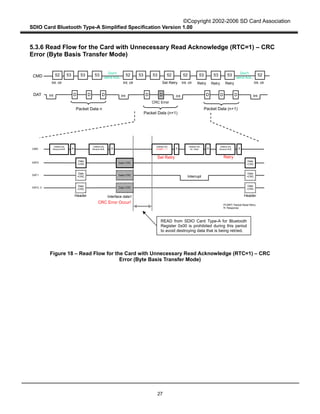 ©Copyright 2002-2006 SD Card Association
SDIO Card Bluetooth Type-A Simplified Specification Version 1.00
27
5.3.6 Read Flow for the Card with Unnecessary Read Acknowledge (RTC=1) – CRC
Error (Byte Basis Transfer Mode)
Figure 18 – Read Flow for the Card with Unnecessary Read Acknowledge (RTC=1) – CRC
Error (Byte Basis Transfer Mode)
CMD
DAT
Packet Data n
Packet Data (n+1)
Packet Data (n+1)
CMD
DAT2, 3
DAT1
DAT0
Interface data1Header
Data
+CRC
Data
+CRC
Header
CRC Error
CRC Error Occur!
Set Retry
Retry
Retry Retry Retry
PCRRT: Packet Read Retry
R: Response
Int Int Int
Int. clr Int. clr Int. clr
Set Retry
Int
Int. clr
Interrupt
Don't
send Ack.
Don't
send Ack.
53 53 5352 53 53 5252 53 53 53 5252
D D D D D D D D
CMD53 (R)
Receive Buff. R
CMD53 (R)
Receive Buff. R R
CMD53 (R)
Receive Buff. R
CMD52 (W)
Int. Clear R
READ from SDIO Card Type-A for Bluetooth
Register 0x00 is prohibited during this period
to avoid destroying data that is being retried.
Data+CRC
Data+CRC
Data
+CRC
Data
+CRC
Data
+CRC
Data
+CRCData+CRC
CMD52 (W)
PCRRT -> 1
 
