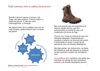 Tudo começa com a cadeia da procura



 Quando a oferta é superior à procura, não
 chega, não basta produzir. É preciso seduzir a
 cadeia da procura. É nela que está o
 constrangimento, a limitação.
                                                                Para uma empresa que tem experiência de
 Não adianta olhar para o umbigo e procurar ser                 fabricar calçado técnico, que tem
 mais eficiente, poupar dinheiro não é o mesmo                  conhecimentos no mundo da caça e da
 que ganhar.                                                    competição com armas de fogo:

                                                                Clientes-alvo: Lojas de material de caça com
                                         Consumidores-          dimensão adequada e frequentadas por
                                               alvo
                                          (Utilizadores)        caçadores e amantes da natureza com posses.
                                                                E interessadas em expor e comercializar
                                                                calçado de caça com elevado desempenho

                       Clientes-alvo
                      (Distribuidores)
                                                                Não basta pensar nos clientes-alvo, nos donos
                                                                das prateleiras onde são expostos os produtos,
                                                                há que concentrar também nos utilizadores-
                                                   Fabricante   alvo:

                                                                Consumidores-alvo: Caçadores com posses que
                                                                valorizam um calçado de caça confortável,
                                                                atraente e de elevado desempenho técnico.
Redsigma – Sistemas de Gestão Qual é a proposta de valor?
                                                                                                           3
http://balancedscorecard.blogspot.com
 