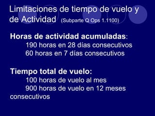 Limitaciones de tiempo de vuelo y
de Actividad (Subparte Q Ops 1.1100)
Horas de actividad acumuladas:
    190 horas en 28 días consecutivos
    60 horas en 7 días consecutivos

Tiempo total de vuelo:
    100 horas de vuelo al mes
    900 horas de vuelo en 12 meses
consecutivos
 