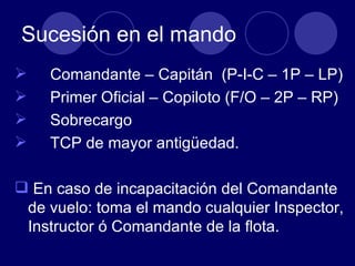 Sucesión en el mando
   Comandante – Capitán (P-I-C – 1P – LP)
   Primer Oficial – Copiloto (F/O – 2P – RP)
   Sobrecargo
   TCP de mayor antigüedad.

 En caso de incapacitación del Comandante
 de vuelo: toma el mando cualquier Inspector,
 Instructor ó Comandante de la flota.
 