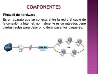 Firewall de hardware 
Es un aparato que se conecta entre la red y el cable de 
la conexión a Internet, normalmente es un ruteador, tiene 
ciertas reglas para dejar o no dejar pasar los paquetes. 
 