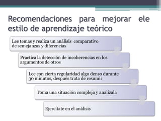 Recomendaciones para mejorar ele estilo de aprendizaje teórico
