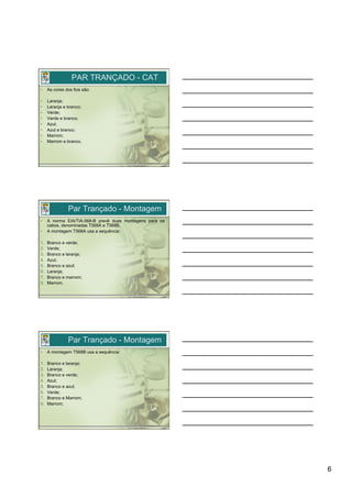 PAR TRANÇADO - CAT
•     As cores dos fios são:

•     Laranja;
•     Laranja e branco;
•     Verde;
•     Verde e branco;
•     Azul;
•     Azul e branco;
•     Marrom;
•     Marrom e branco.




                Par Trançado - Montagem
•     A norma EIA/TIA-568-B prevê duas montagens para os
      cabos, denominadas T568A e T568B.
•     A montagem T568A usa a sequência:

1.    Branco e verde;
2.    Verde;
3.    Branco e laranja;
4.    Azul;
5.    Branco e azul;
6.    Laranja;
7.    Branco e marrom;
8.    Marrom.




                Par Trançado - Montagem
•     A montagem T568B usa a sequência:

1.    Branco e laranja;
2.    Laranja;
3.    Branco e verde;
4.    Azul;
5.    Branco e azul;
6.    Verde;
7.    Branco e Marrom;
8.    Marrom;




                                                           6
 
