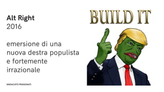 FF3300
SINDACATO PENSIONATI 4 / 9 / 2019
Alt Right
2016
emersione di una
nuova destra populista
e fortemente
irrazionale
 