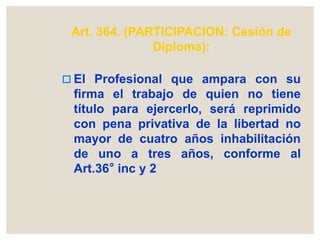 Art. 364. (PARTICIPACION: Cesión de
Diploma):
 El Profesional que ampara con su
firma el trabajo de quien no tiene
título para ejercerlo, será reprimido
con pena privativa de la libertad no
mayor de cuatro años inhabilitación
de uno a tres años, conforme al
Art.36° inc y 2
 