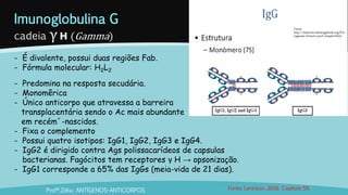 Imunoglobulina G
cadeia γH (Gamma)
Profª.Zilka: ANTÍGENOS-ANTICORPOS
Fonte:
http://www.microbiologybook.org/Por
tuguese/immuno-port-chapter4.htm
- É divalente, possui duas regiões Fab.
- Fórmula molecular: H2L2
- Predomina na resposta secudária.
- Monomêrica
- Único anticorpo que atravessa a barreira
transplacentária sendo o Ac mais abundante
em recém´-nascidos.
- Fixa o complemento
- Possui quatro isotipos: IgG1, IgG2, IgG3 e IgG4.
- IgG2 é dirigido contra Ags polissacarídeos de capsulas
bacterianas. Fagócitos tem receptores γ H → opsonização.
- IgG1 corresponde a 65% das IgGs (meia-vida de 21 dias).
Fonte: Levinson, 2016. Capítulo 59.
 
