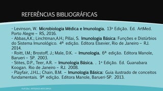 REFERÊNCIAS BIBLIOGRÁFICAS
Profª.Zilka: ANTÍGENOS-ANTICORPOS
- Levinson, W. Microbiologia Médica e Imunologia. 13a Edição. Ed. ArtMed.
Porto Alegre – RS, 2016.
- Abbas,A.K.; Linchtman,A.H.; Pillai, S. Imunologia Básica: Funções e Distúrbios
do Sistema Imunológico. 4ª edição. Editora Elsevier, Rio de Janeiro – RJ.
2014.
- Roitt, I.M.; Brostoff, J.; Male, D.K. – Imunologia. 6ª edição. Editora Manole,
Barueri – SP. 2003.
- Stites, D.P., Teer, A.R. – Imunologia Básica. . 1a Edição. Ed. Guanabara
Koogan. Rio de Janeiro – RJ. 2008.
- Playfair, J.H.L.; Chain, B.M. – Imunologia Básica: Guia ilustrado de conceitos
fundamentais. 9ª edição. Editora Manole, Barueri-SP. 2013.
 