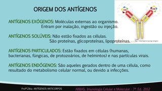 ORIGEM DOS ANTÍGENOS
ANTÍGENOS EXÓGENOS: Moléculas externas ao organismo.
Entram por inalação, ingestão ou injeção.
ANTÍGENOS SOLÚVEIS: Não estão fixados as células.
São proteínas, glicoproteínas, lipoproteínas.
ANTÍGENOS PARTICULADOS: Estão fixados em células (humanas,
bacterianas, fúngicas, de protozoários, de helmintos) e nas partículas virais.
ANTÍGENOS ENDÓGENOS: São aqueles gerados dentro de uma célula, como
resultado do metabolismo celular normal, ou devido a infecções.
Profª.Zilka: ANTÍGENOS-ANTICORPOS ABBAS. Imunologia Celular e Molecular - 7ª Ed. 2012
Fonte:
http://www.imgrum.org/tag/antigeno
 