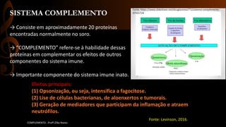 SISTEMA COMPLEMENTO
COMPLEMENTO - Profª.Zilka Nanes
→ Consiste em aproximadamente 20 proteínas
encontradas normalmente no soro.
→ “COMPLEMENTO” refere-se à habilidade dessas
proteínas em complementar os efeitos de outros
componentes do sistema imune.
→ Importante componente do sistema imune inato.
Fonte: Levinson, 2016.
Efeitos principais:
(1) Opsonização, ou seja, intensifica a fagocitose.
(2) Lise de células bacterianas, de aloenxertos e tumorais.
(3) Geração de mediadores que participam da inflamação e atraem
neutrófilos.
Fonte: https://www.slideshare.net/douglasmaia771/sistema-complemento-
37501724
 