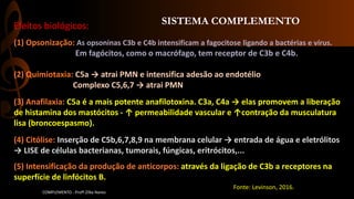 SISTEMA COMPLEMENTO
COMPLEMENTO - Profª.Zilka Nanes
Efeitos biológicos:
(1) Opsonização: As opsoninas C3b e C4b intensificam a fagocitose ligando a bactérias e vírus.
Em fagócitos, como o macrófago, tem receptor de C3b e C4b.
(2) Quimiotaxia: C5a → atrai PMN e intensifica adesão ao endotélio
Complexo C5,6,7 → atrai PMN
(3) Anafilaxia: C5a é a mais potente anafilotoxina. C3a, C4a → elas promovem a liberação
de histamina dos mastócitos - ↑ permeabilidade vascular e ↑contração da musculatura
lisa (broncoespasmo).
(4) Citólise: Inserção de C5b,6,7,8,9 na membrana celular → entrada de água e eletrólitos
→ LISE de células bacterianas, tumorais, fúngicas, eritrócitos,...
(5) Intensificação da produção de anticorpos: através da ligação de C3b a receptores na
superfície de linfócitos B.
Fonte: Levinson, 2016.
 