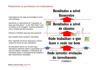 Traduzimos as promessas em indicadores



 Cada objectivo do mapa da estratégia é como
 uma promessa.

 Assumimos o compromisso de “Conquistar as
 lojas que interessam”, ou de “Não falhar” com
 os lojistas ou de conseguir “Lojistas satisfeitos”
 com a relação que têm connosco.

 Estamos a trabalhar para que isso aconteça?

 Esse trabalho está a produzir resultados?

 Para responder de forma inequívoca e menos
 subjectiva temos de usar indicadores.

 Os indicadores devem ser de dois tipos:
 indicadores indutores (sobre a quantidade ou o
 tipo de trabalho realizado); e indicadores de
 resultados (sobre a consequência do trabalho e
 dos investimentos realizados)




Redsigma – Sistemas de Gestão O que medir
                                                      5
http://balancedscorecard.blogspot.com
 