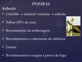 POEIRAS 
Crisótilo  mineral +comum  asbesto 
Telhas (85% do uso) 
Revestimento de embreagens 
Revestimentos e coberturas de edifícios 
Gessos 
Revestimentos e roupas à prova de fogo 
Asbesto  