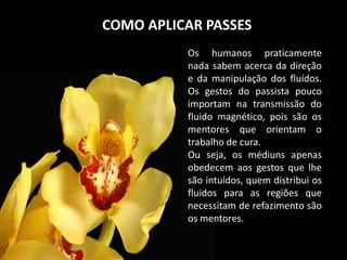 COMO APLICAR PASSES
Os humanos praticamente
nada sabem acerca da direção
e da manipulação dos fluídos.
Os gestos do passista pouco
importam na transmissão do
fluido magnético, pois são os
mentores que orientam o
trabalho de cura.
Ou seja, os médiuns apenas
obedecem aos gestos que lhe
são intuídos, quem distribui os
fluidos para as regiões que
necessitam de refazimento são
os mentores.
 