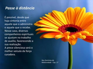 Passe à distância
É possível, desde que
haja sintonia entre
aquele que o administra
e aquele que o recebe.
Nesse caso, diversos
companheiros espirituais
se ajustam no trabalho
de auxílio, favorecendo a
sua realização.
A prece silenciosa será o
melhor veículo da força
curadora.
Nos Domínios da
Mediunidade - Cap. 17
 