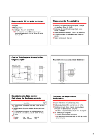 Mapeamento Direto prós e contras                               Mapeamento Associativo

 Simples                                                        Um bloco de memória principal pode carregar
 Não-expansivo                                                  em qualquer linha de rótulo
                                                                Endereço de memória é interpretado como
 Localização fixa para cada bloco                               rótulo e palavra
                                                                Rótulo exclusivo identifica o bloco de memória
    Se um programa acessar 2 blocos que traçam
    repetidamente à mesma linha, as perdas de cache
    são muito altas                                             O rótulo de toda linha é examinado para um
                                                                acerto
                                                                Cache procurando fica caro




Cache Totalmente Associativo
Organização                                                    Mapeamento Associativo Exemplo




Mapeamento Associativo                                         Conjunto de Mapeamento
Estrutura de Endereçamento                                     Associativo

                                                                Cache é dividido em vários conjuntos
                                                       Word

                                                                Cada conjunto contém um número de linhas
                    Tag 22 bit                         2 bit
 22 bits de rótulo armazenado com cada 32 bits de bloco
 de dados                                                       Um determinado bloco mapeia para qualquer
 Compara campo rótulo com entrada de rótulo em cache            linha em um determinado conjunto
 conferir
                                                                  ex. Bloco B pode estar em qualquer linha do conjunto i
 Os 2 bits menos significativos de endereço identificam
 qual 16 bits da palavra é requerida de 32 bits do bloco        ex. 2 linhas por conjunto
 de dados                                                         2 modos de mapeamento associativo
 ex.
                                                                  Um determinado bloco pode estar em uma de 2 linhas
    Address        Tag    Data         Cache line
                                                                  em só conjunto
    FFFFFC         FFFFFC 24682468     3FFF




                                                                                                                           7
 