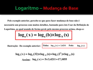 Pelo exemplo anterior, percebe-se que para fazer mudança de base não é necessário um processo com muitos detalhes, bastando para isto Usar da Definição de Logaritmo, ao qual usando de forma geral, pelo mesmo processo acima, chega a:  Ilustração:  Do exemplo anterior: 