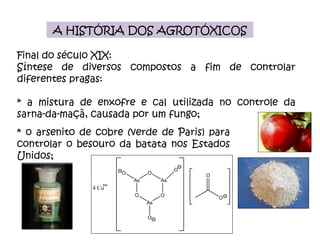A HISTÓRIA DOS AGROTÓXICOS Final do século XIX: Síntese de diversos compostos a fim de controlar diferentes pragas: * a mistura de enxofre e cal utilizada no controle da sarna-da-maçã, causada por um fungo; * o arsenito de cobre (verde de Paris) para controlar o besouro da batata nos Estados Unidos;  