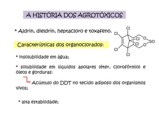 A HISTÓRIA DOS AGROTÓXICOS * Aldrin, dieldrin, heptacloro e toxafeno.  Características dos organoclorados:  * insolubilidade em água; * solubilidade em líquidos apolares (éter, clorofórmio) e óleos e gorduras: Acúmulo do DDT no tecido adiposo dos organismos vivos;  * alta estabilidade; 