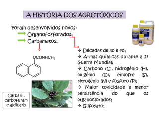 Foram desenvolvidos novos: Organofosforados; Carbamatos; A HISTÓRIA DOS AGROTÓXICOS    Décadas de 30 e 40; Armas químicas durante a 2ª Guerra Mundial; C arbono (C), hidrogênio (H), oxigênio (O), enxofre (S), nitrogênio (N) e fósforo (P); Maior toxicidade e menor persistência do que os organoclorados; Glifosato; Carbaril, carbofuram e aldicarb 