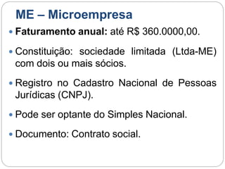 ME – Microempresa
 Faturamento anual: até R$ 360.0000,00.
 Constituição: sociedade limitada (Ltda-ME)
com dois ou mais sócios.
 Registro no Cadastro Nacional de Pessoas
Jurídicas (CNPJ).
 Pode ser optante do Simples Nacional.
 Documento: Contrato social.
 