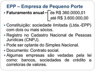 EPP – Empresa de Pequeno Porte
 Faturamento anual de R$ 360.0000,01
até R$ 3.600.000,00
 Constituição: sociedade limitada (Ltda.-EPP)
com dois ou mais sócios.
 Registro no Cadastro Nacional de Pessoas
Jurídicas (CNPJ).
 Pode ser optante do Simples Nacional.
 Documento: Contrato social.
como: bancos, sociedades de crédito
 Algumas empresas são vedadas pela lei
e
corretoras de valores.
 