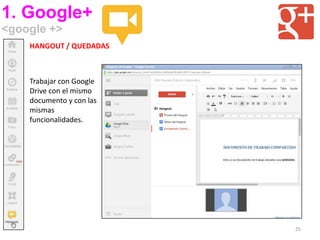 1. Google+
<google +>
    HANGOUT / QUEDADAS



    Trabajar con Google
    Drive con el mismo
    documento y con las
    mismas
    funcionalidades.




                          25
 
