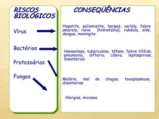 Vírus 
Bactérias 
Protozoários 
Fungos 
RISCOS 
BIOLÓGICOS 
CONSEQÜÊNCIAS 
Hepatite, poliomielite, herpes, varíola, febre amarela, raiva (hidrofobia), rubéola, aids, dengue, meningite. 
Hanseníase, tuberculose, tétano, febre tifóide, pneumonia, difteria, cólera, leptospirose, disenterias. 
Malária, mal de chagas, toxoplasmose, disenterias. 
Alergias, micoses.  