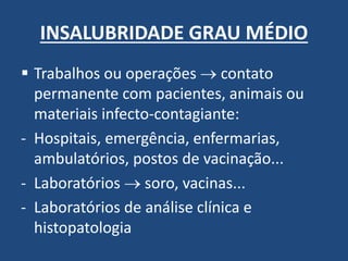 INSALUBRIDADE GRAU MÉDIO 
Trabalhos ou operações  contato permanente com pacientes, animais ou materiais infecto-contagiante: 
-Hospitais, emergência, enfermarias, ambulatórios, postos de vacinação... 
-Laboratórios  soro, vacinas... 
-Laboratórios de análise clínica e histopatologia  