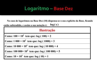 No caso de logaritmos na Base Dez (10) dispensa-se o uso explícito da Base, ficando então subtendido, e assim a sua notação é:  